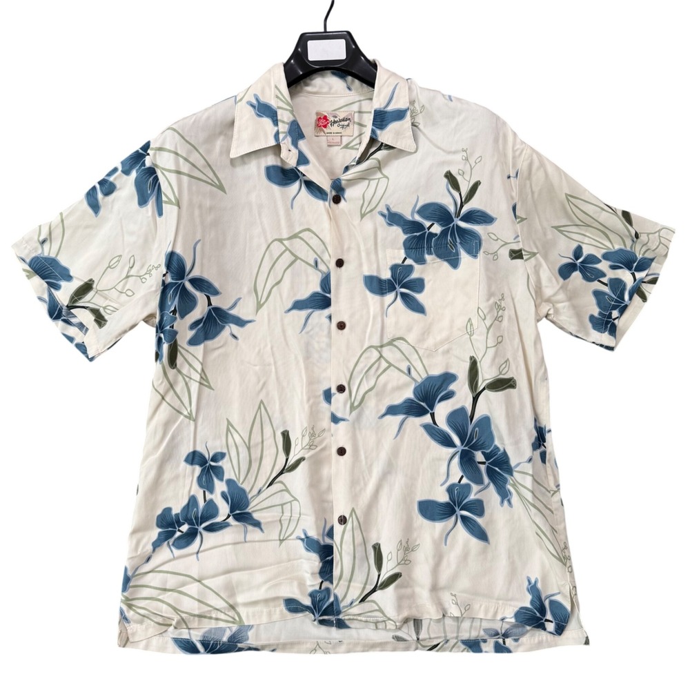 Hilo Hattie Shirt Large Mens Hawaiian 100% Rayon Floral Orchid‎ Made in USA